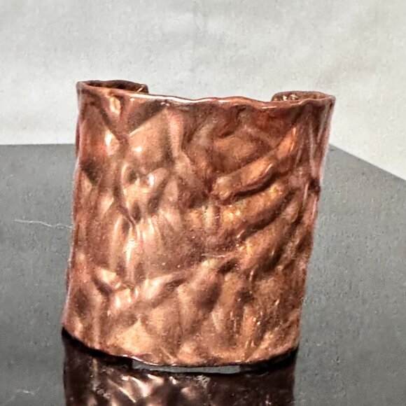 Solid Copper Cuff Bracelet Brutalist Modernist Handmade Statement Rustic Crinkle - Picture 5 of 13